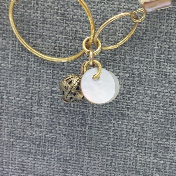 Necklace Gold Toned Ring Links Mother of Pearl Brass Beads Earth Tones Shell Lon - Picture 3 of 7